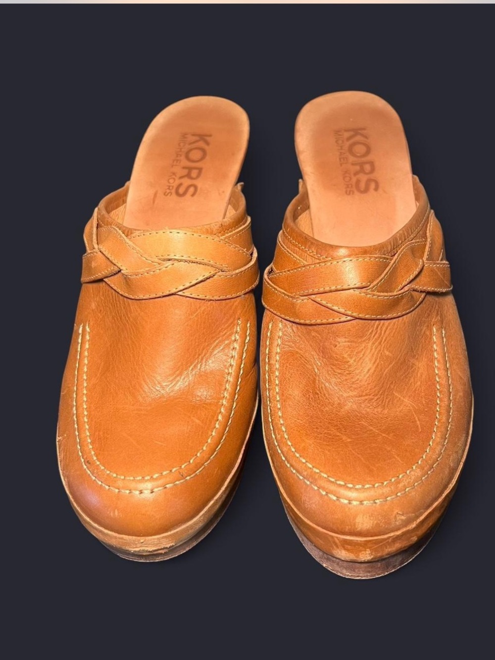 Michael Kors Tan Leather Braided Strap Clog Mules